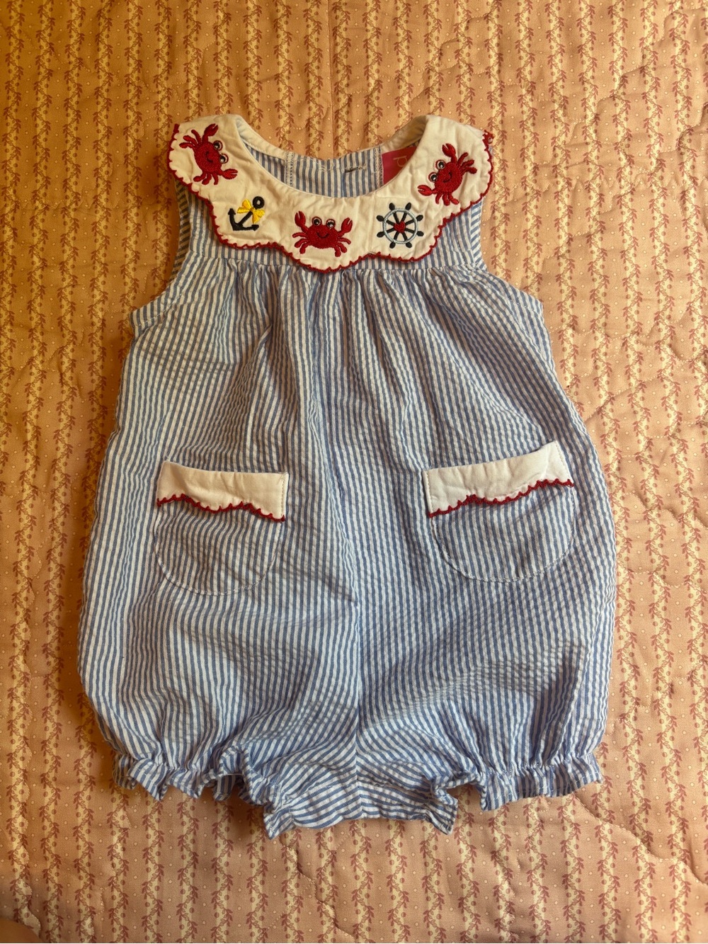 Good Lad Blue and White Striped Nautical Bubble Romper with Red Embroidery